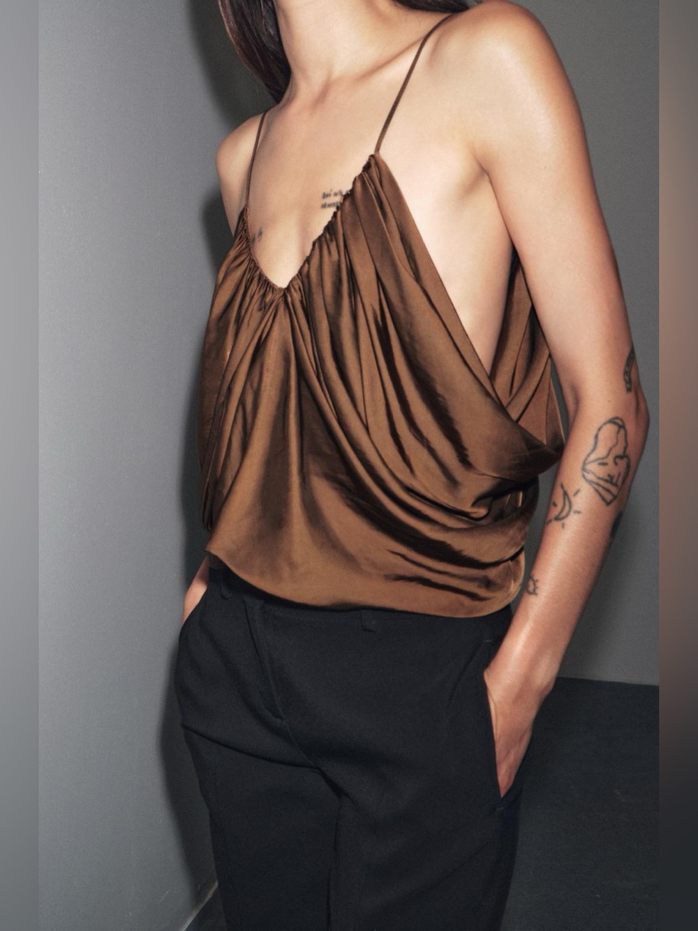 ZARA ZW COLLECTION TABACCO DRAPED SATIN EFFECT TOP. M NWT